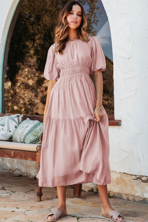 Puff Sleeve Pleated High Waist Flowy Long Dress